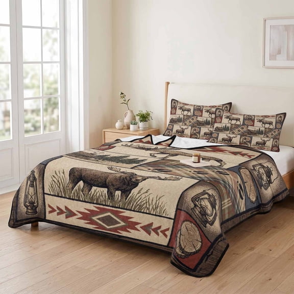 Queen Quilt Bedding Set, Farmhouse Elk Retro Southwest Lightweight Coverlet Summer Comforter Set Soft Microfiber Bedspread, Abstract Ethnic Geometric 3 Piece Quilt Set with 2 Pillow Shams