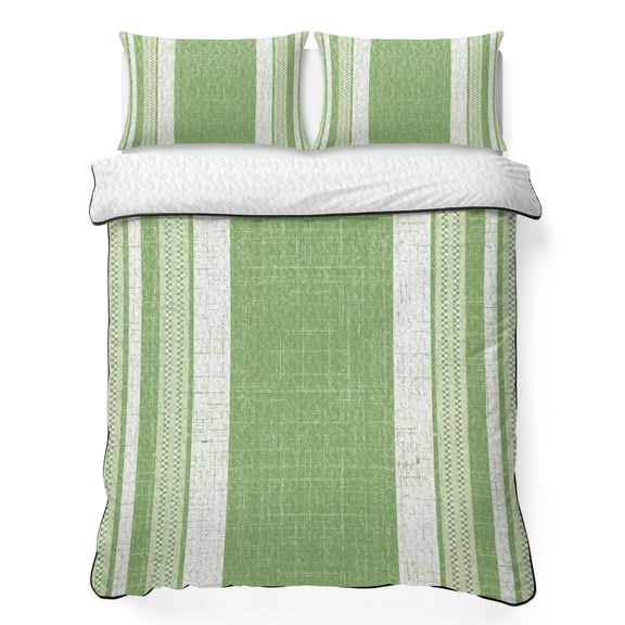 Queen Quilt Bedding Set Farmhouse Green Stripe Burlap Texture Breathable Summer Cooling Blanket for Hot Sleepers, Abstract Geometric Art Soft Bedding Set with 2 Pillow Shams for All Season