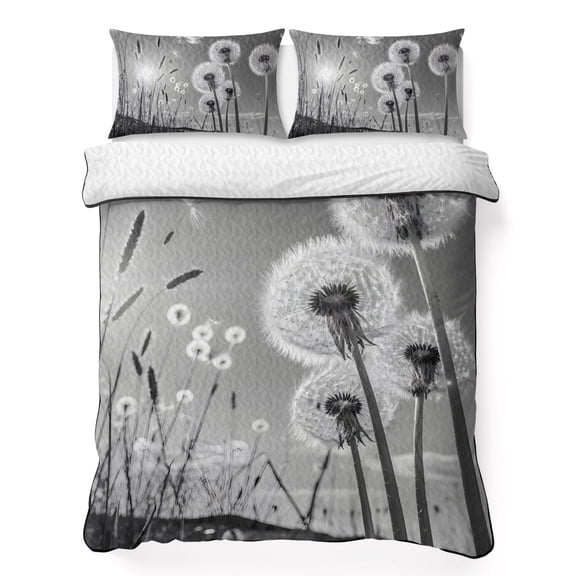 Queen Quilt Bedding Set, Farmhouse Grey Field Dandelion Rural Plant Soft Microfiber Summer Bedspread Coverlet with 2 Pillow Shams, Idyllic Botanical Breathable Bedding Set for Hot Sleepers