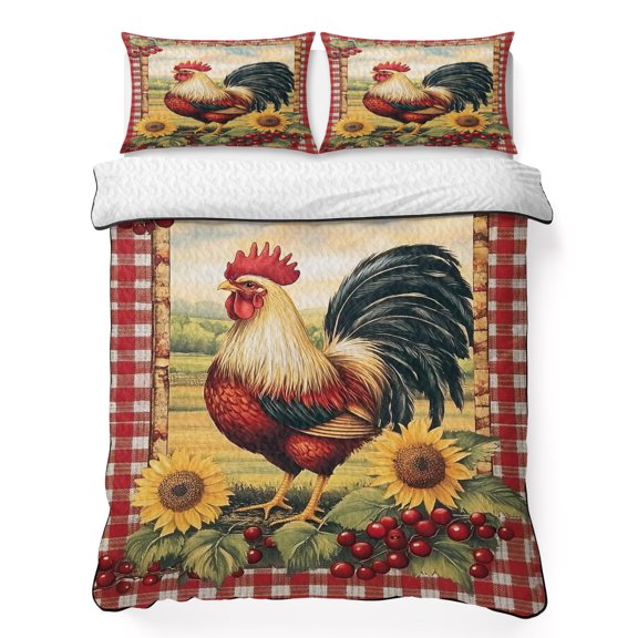 Queen Quilt Bedding Set Farmhouse Rooster Sunflower Berry Summer Quilt Lightweight Quilted Coverlet with 2 Pillow Shams, Red Plaid 3-Piece Bedspread Quilt Set for All Season