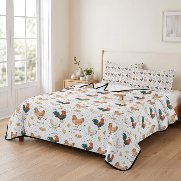 Queen Quilt Bedding Set, Farmhouse Roosters Hen Abstract Lightweight Coverlet Summer Comforter Set Soft Microfiber Bedspread, Country Animal 3 Piece Quilt Set with 2 Pillow Shams All Seasons Use