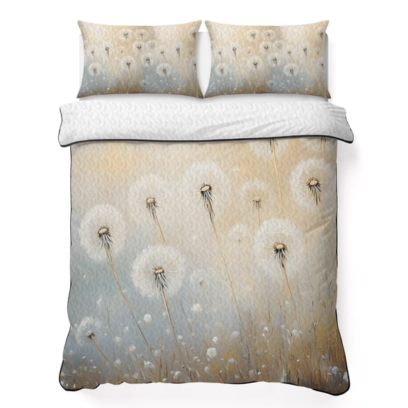 Queen Quilt Bedding Set, Farmhouse White Dandelion Floral Soft Microfiber Summer Bedspread Coverlet with 2 Pillow Shams for All Season, Vintage Oil Painting Breathable Bedding Set for Hot Sleepers