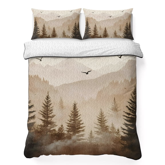 Queen Quilt Bedding Set Foggy Mountain Forest Tree Bird Breathable Summer Cooling Blanket for Hot Sleepers, Retro Natural Scenic Theme Soft Bedding Set with 2 Pillow Shams for All Season