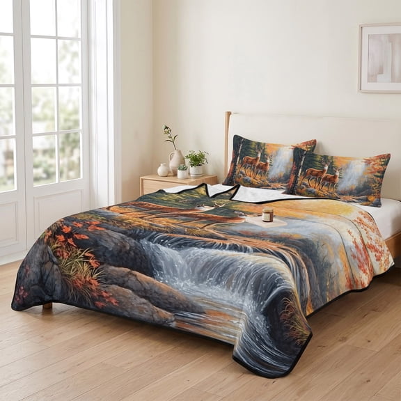 Queen Quilt Bedding Set, Forest Deer River Landscape Lightweight Coverlet Summer Comforter Set Soft Microfiber Bedspread, Nature Waterfall Scenery 3 Piece Quilt Set with 2 Pillow Shams