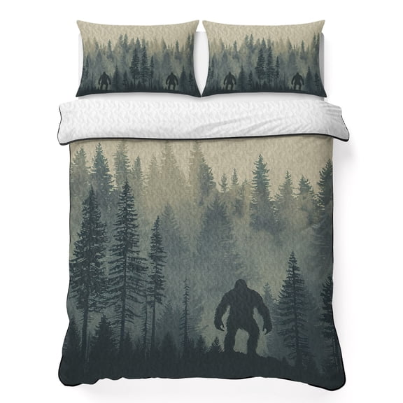 Queen Quilt Bedding Set Forest Gorilla Wild Animal Trees Silhouette Lightweight Summer Quilted Coverlet for Hot Sleepers, Vintage Linen Breathable Soft Blanket with 2 Pillow Shams for All Season