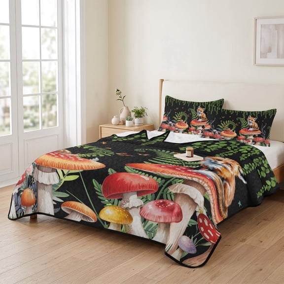 Queen Quilt Bedding Set, Fox on Mushroom Lightweight Coverlet Summer Comforter Set Soft Microfiber Bedspread, Country Eucalyptus Leaf on Black 3 Piece Quilt Set with 2 Pillow Shams All Seasons Use