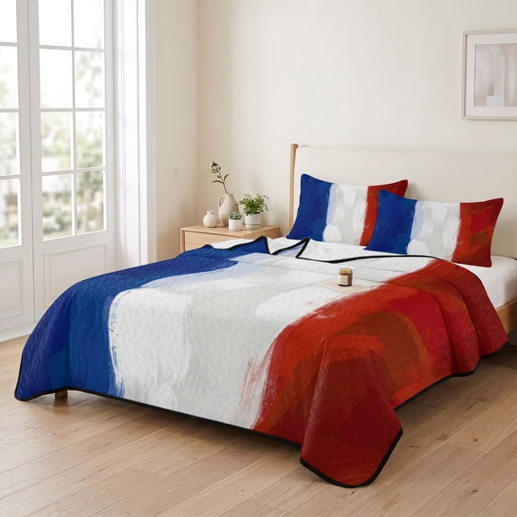 Queen Quilt Bedding Set, French National Day French Flag Lightweight Coverlet Summer Comforter Set Soft Microfiber Bedspread, Blue White Red Stripes 3 Piece Quilt Set with 2 Pillow Shams