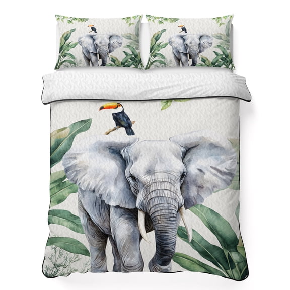 Queen Quilt Bedding Set, Fun Elephant Tropical Palm Leaf Soft Microfiber Summer Bedspread Coverlet with 2 Pillow Shams for All Season, Green Jungle Bird Breathable Bedding Set for Hot Sleepers