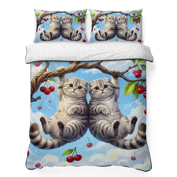 Queen Quilt Bedding Set Funny Cat Cherry Tree Branch Lightweight Summer Quilted Coverlet for Hot Sleepers, Cute Animal Blue Sky Breathable Soft Cooling Blanket with 2 Pillow Shams for All Season