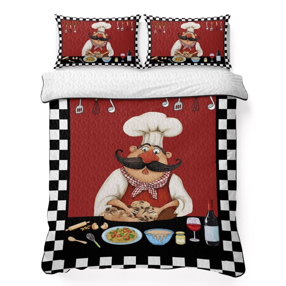 Queen Quilt Bedding Set, Funny Chefs Making A Cake Soft Microfiber Summer Bedspread Coverlet with 2 Pillow Shams for All Season, Vintage Black Buffalo Check Breathable Bedding Set for Hot Sleepers
