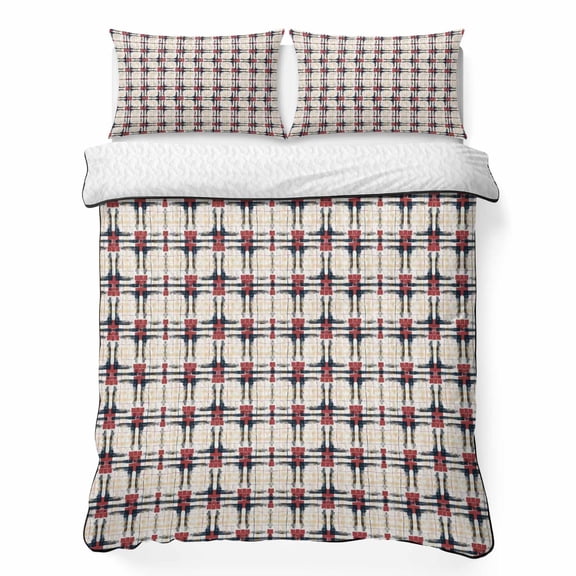 Queen Quilt Bedding Set, Geometric Red Black Line Plaid Check Soft Microfiber Summer Bedspread Coverlet with 2 Pillow Shams for All Season, Yellow Gingham Breathable Bedding Set for Hot Sleepers