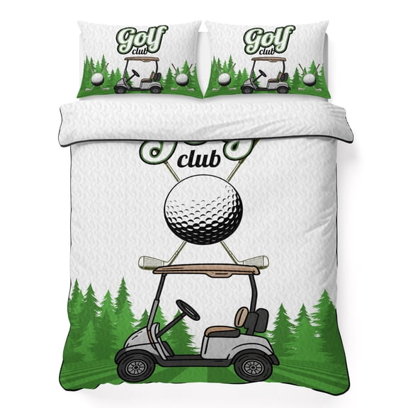 Queen Quilt Bedding Set, Golf Club Words Car Soft Microfiber Summer Bedspread Coverlet with 2 Pillow Shams for All Season, Cartoon Forest Breathable Bedding Set for Hot Sleepers