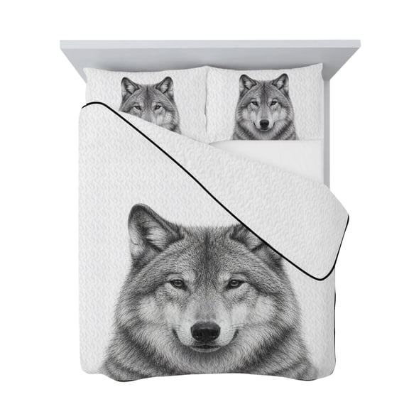 Queen Quilt Bedding Set, Gray Timber Wolf Sketch Soft Microfiber Summer Bedspread Coverlet with 2 Pillow Shams for All Season, Minimalist Wildlife Pattern Breathable Bedding Set for Hot Sleepers