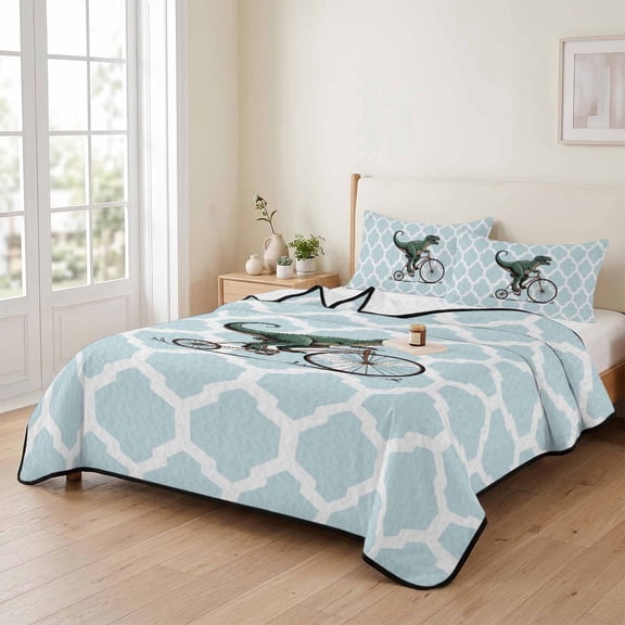 Queen Quilt Bedding Set, Green Dragon Bicycle Lightweight Coverlet Summer Comforter Set Soft Microfiber Bedspread, Abstract Blue Geometric Pattern 3 Piece Quilt Set with 2 Pillow Shams