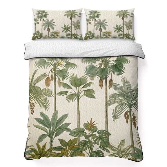 Queen Quilt Bedding Set Green Palm Tree Tropical Forest Lightweight Summer Quilted Coverlet for Hot Sleepers, Monstera Leaves Breathable Soft Cooling Blanket with 2 Pillow Shams for All Season