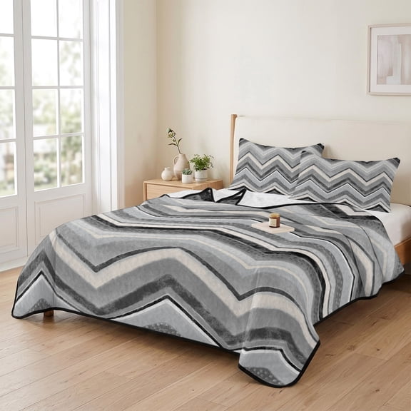Queen Quilt Bedding Set, Grey Black White Stripes Chevron Lightweight Coverlet Summer Comforter Set Soft Microfiber Bedspread, Retro Abstract Geometric Art 3 Piece Quilt Set with 2 Pillow Shams