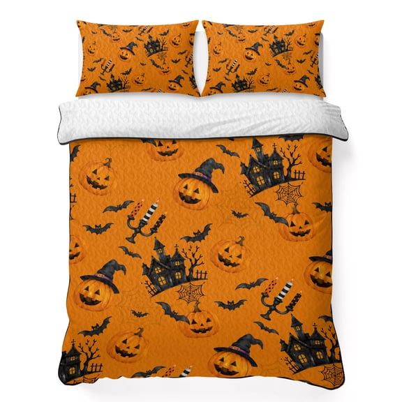 Queen Quilt Bedding Set, Halloween Orange Pumpkin Seamless Soft Microfiber Summer Bedspread Coverlet with 2 Pillow Shams, Haunted Castle Spooky Bat Breathable Bedding Set for Hot Sleepers