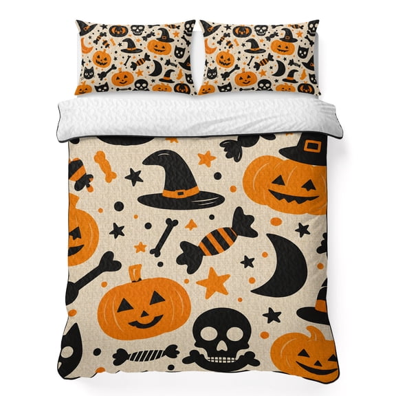 Queen Quilt Bedding Set, Halloween Pumpkins Candy Pattern Soft Microfiber Summer Bedspread Coverlet with 2 Pillow Shams, Witch Hats on Retro Linen Breathable Bedding Set for Hot Sleepers
