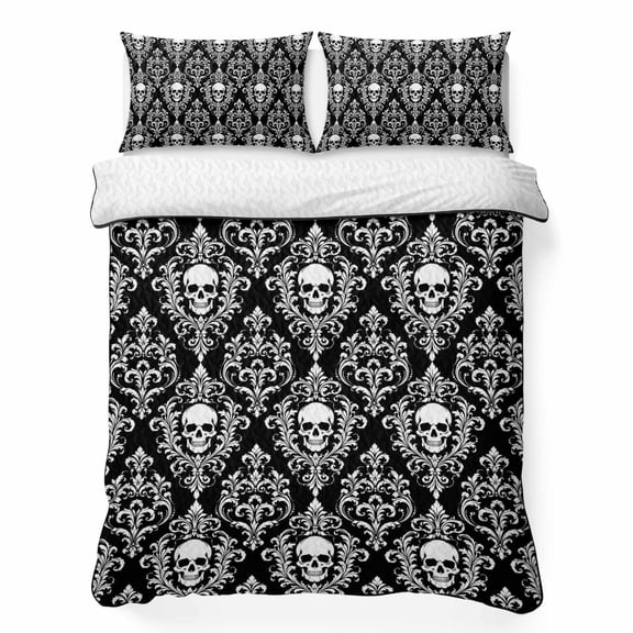 Queen Quilt Bedding Set Halloween Skull Skeleton Flower Damask Breathable Summer Cooling Blanket for Hot Sleepers, Scary Black Lightweight Soft Bedding Set with 2 Pillow Shams for All Season