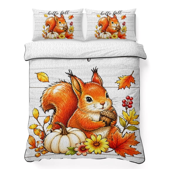 Queen Quilt Bedding Set Happy Fall Red Squirrel Breathable Summer Cooling Blanket for Hot Sleepers, Retro Wood Board Background Lightweight Soft Bedding Set with 2 Pillow Shams for All Season