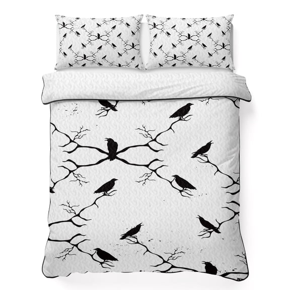 Queen Quilt Bedding Set Happy Halloween Black Crow Seamless Breathable Summer Cooling Blanket for Hot Sleepers, Horror Dead Branch White Back Soft Bedding Set with 2 Pillow Shams for All Season