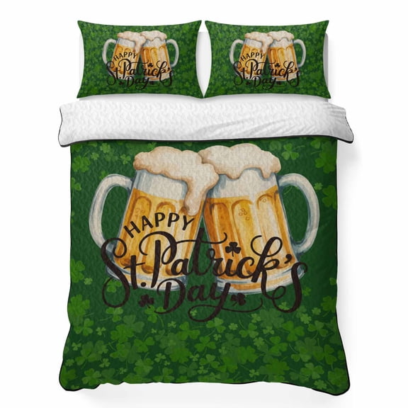 Queen Quilt Bedding Set, Happy St. Patrick's Day Beer with Clovers 3 Piece Bedding Set Lightweight Breathable Quilt with 2 Pillow Shams, Celtic Knots Green Leaves Soft Microfiber Summer Comforter