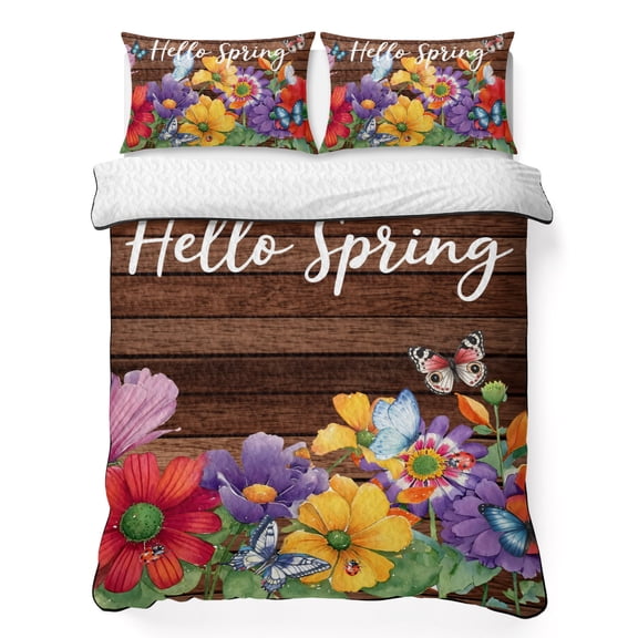 Queen Quilt Bedding Set, Hello Spring Pastoral Floral Soft Microfiber Summer Bedspread Coverlet with 2 Pillow Shams, Butterfly on Brown Wood Grain Breathable Bedding Set for Hot Sleepers