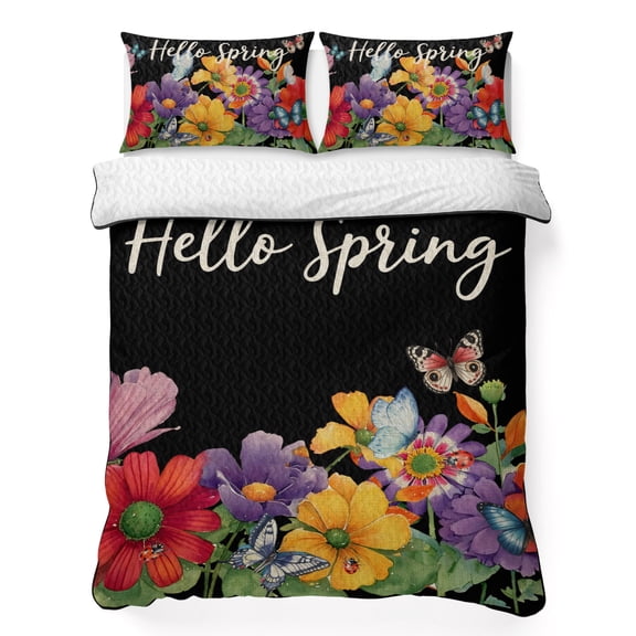 Queen Quilt Bedding Set, Hello Spring Rustic Floral Soft Microfiber Summer Bedspread Coverlet with 2 Pillow Shams for All Season, Watercolor Butterfly on Black Breathable Bedding Set for Hot Sleepers