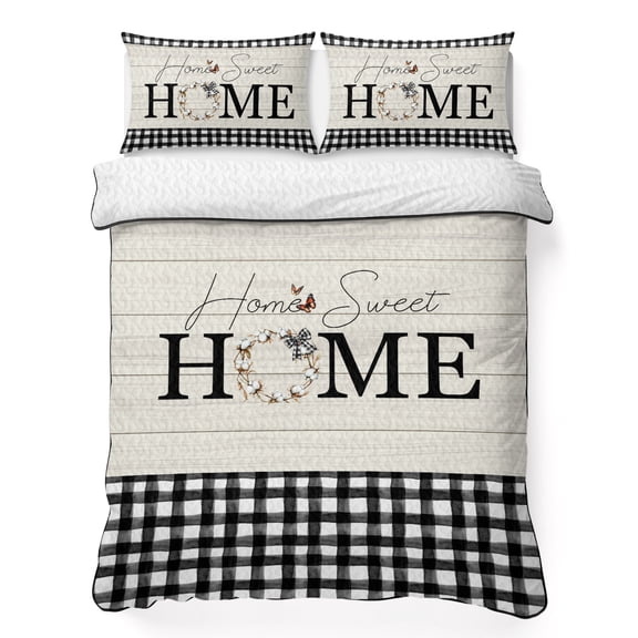 Queen Quilt Bedding Set, Home Black White Gingham Check Soft Microfiber Summer Bedspread Coverlet with 2 Pillow Shams for All Season, Farm Vintage Wood Board Breathable Bedding Set for Hot Sleepers
