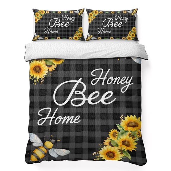 Queen Quilt Bedding Set, Honey Bee Home Words Sunflowers Soft Microfiber Summer Bedspread Coverlet with 2 Pillow Shams for All Season, Black Gray Plaid Breathable Bedding Set for Hot Sleepers