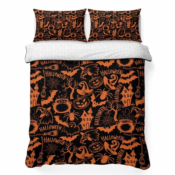 Queen Quilt Bedding Set Horror Halloween Pumpkin Ghost Spiders Summer Quilt Lightweight Quilted Coverlet with 2 Pillow Shams, Castle Black Orange 3-Piece Bedspread Quilt Set for All Season