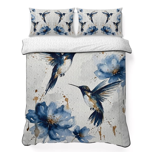 Queen Quilt Bedding Set, Hummingbird Bird Blue Flower Gradient Soft Microfiber Summer Bedspread Coverlet with 2 Pillow Shams, Abstract Gold Splatter Breathable Bedding Set for Hot Sleepers