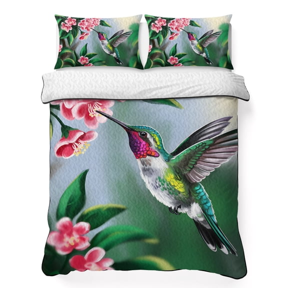 Queen Quilt Bedding Set, Hummingbird Flower Watercolor Soft Microfiber Summer Bedspread Coverlet with 2 Pillow Shams, Green Leaves Watercolor Gradient Breathable Bedding Set for Hot Sleepers