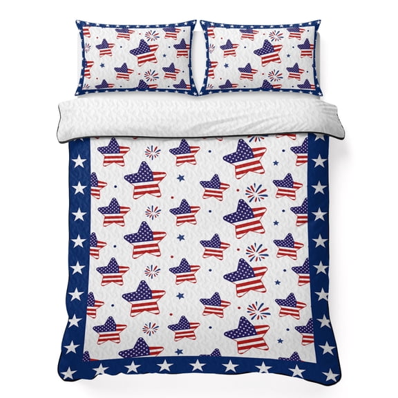 Queen Quilt Bedding Set, Independence Day Patriotic Star on White Soft Microfiber Summer Bedspread Coverlet with 2 Pillow Shams, Freedom Liberty USA Flag Breathable Bedding Set for Hot Sleepers