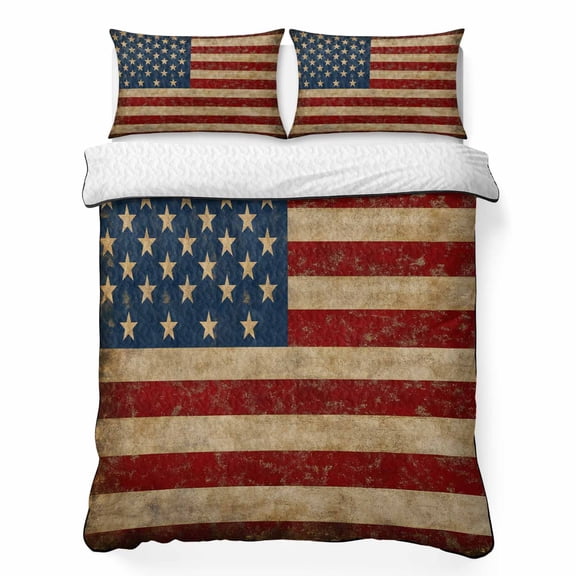 Queen Quilt Bedding Set, Independence Day USA Flag Vintage Soft Microfiber Summer Bedspread Coverlet with 2 Pillow Shams, Patriotic Stars and Stripes Breathable Bedding Set for Hot Sleepers
