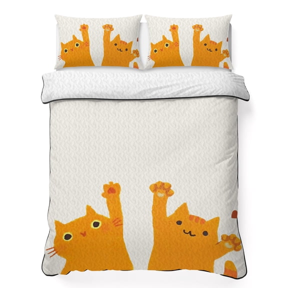 Queen Quilt Bedding Set Japanese Lovely Cats Lightweight Summer Quilted Coverlet for Hot Sleepers, Orange And Winds Kitty Breathable Soft Cooling Blanket with 2 Pillow Shams for All Season