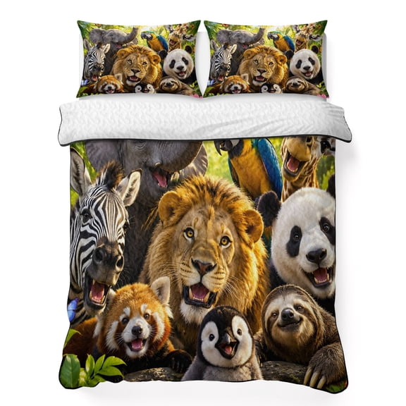 Queen Quilt Bedding Set Jungle Animals Elephant Lion Pattern Breathable Summer Cooling Blanket for Hot Sleepers, Zebra Panda Sloth Lightweight Soft Bedding Set with 2 Pillow Shams for All Season