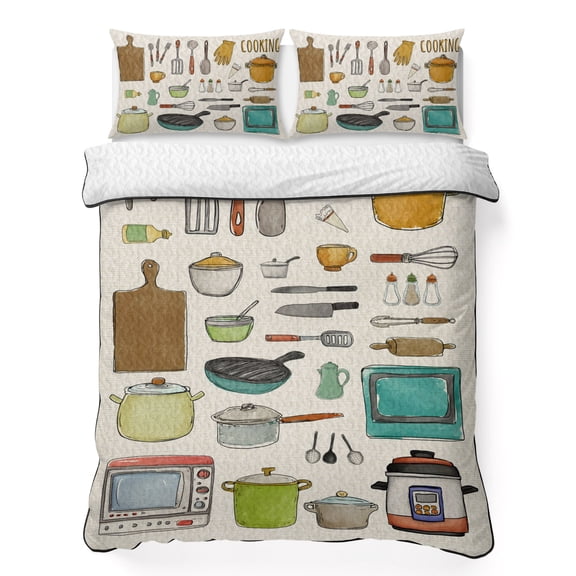 Queen Quilt Bedding Set Kitchen Cooking Kitchenware Cartoon Style Lightweight Summer Quilted Coverlet for Hot Sleepers, Retro Linen Breathable Soft Cooling Blanket with 2 Pillow Shams for All Season