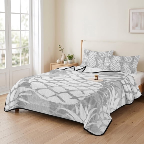Queen Quilt Bedding Set, Light Gray Pineapple Lightweight Coverlet Summer Comforter Set Soft Microfiber Bedspread, Modern Fruit Art 3 Piece Quilt Set with 2 Pillow Shams All Seasons Use