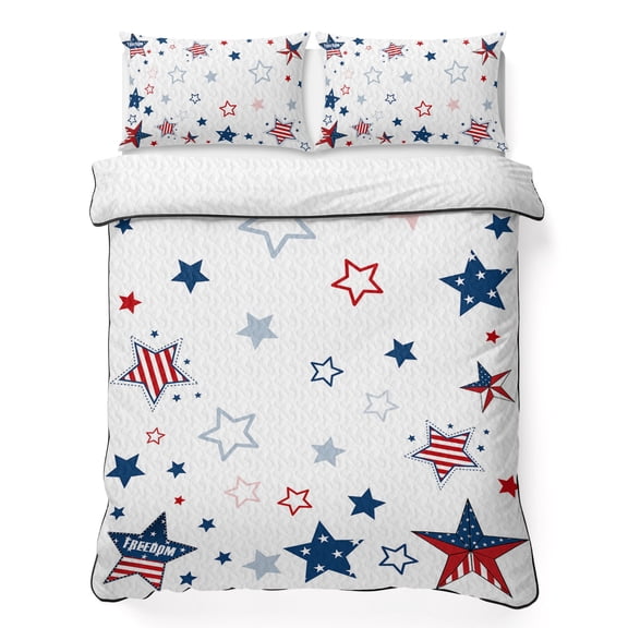 Queen Quilt Bedding Set, Memorial Day American National Flag Soft Microfiber Summer Bedspread Coverlet with 2 Pillow Shams, Blue Red Stripe Star on White Breathable Bedding Set for Hot Sleepers