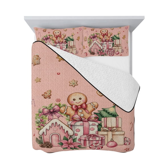 Queen Quilt Bedding Set, Merry Christmas Cookie Man Candy Soft Microfiber Summer Bedspread Coverlet with 2 Pillow Shams, Xmas Tree Flower on Pink Breathable Bedding Set for Hot Sleepers