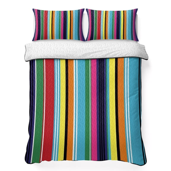 Queen Quilt Bedding Set Mexican Colorful Stripes Line Lightweight Summer Quilted Coverlet for Hot Sleepers, Abstract Modern Geometric Art Breathable Soft Blanket with 2 Pillow Shams for All Season