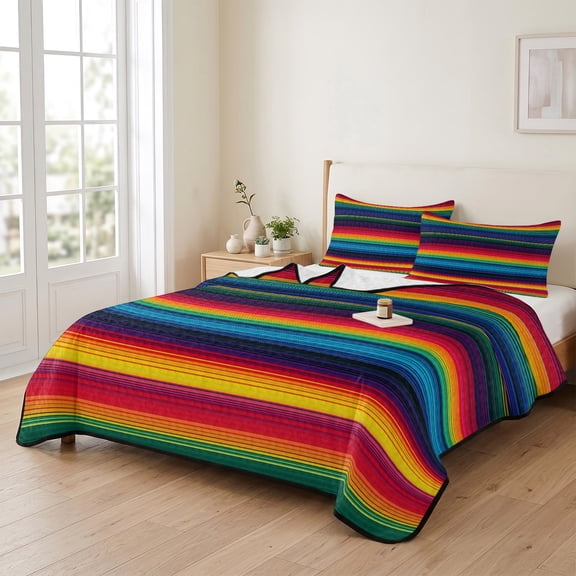 Queen Quilt Bedding Set, Mexican Stripes Ethnic Geometric Lightweight Coverlet Summer Comforter Set Soft Microfiber Bedspread, Modern Abstract Art 3 Piece Quilt Set with 2 Pillow Shams
