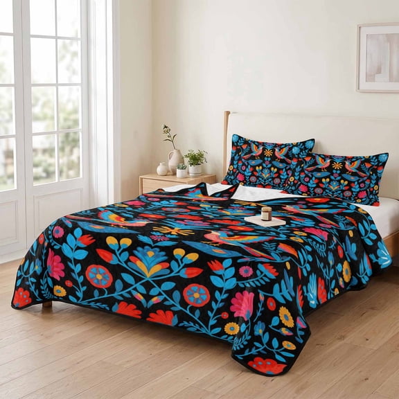 Queen Quilt Bedding Set, Mexico Style Flower Leaves Bird Lightweight Coverlet Summer Comforter Set Soft Microfiber Bedspread, Retro Rustic Plant on Black 3 Piece Quilt Set with 2 Pillow Shams