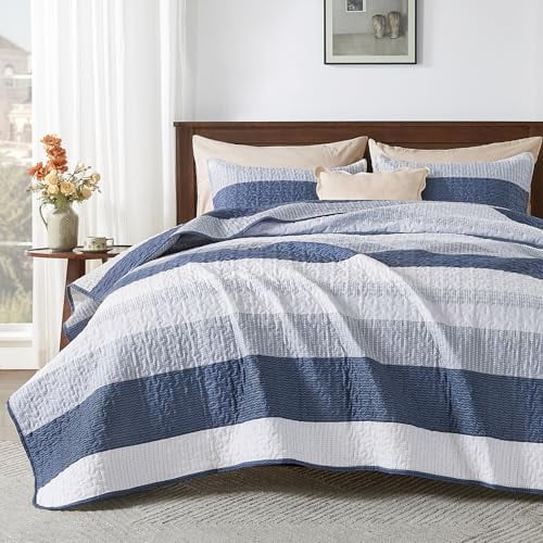 Queen Quilt Bedding Set Mineral Blue, 3 Pieces Patchwork Summer Striped Ultra Soft Lightweight Bedspreads, Coverlets Set with 2 Pillow Shams for All Seasons (90"x96")