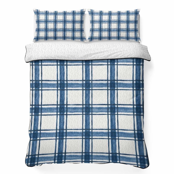 Queen Quilt Bedding Set Minimalist Blue Black Lines Summer Quilt Lightweight Quilted Coverlet with 2 Pillow Shams, Geometric Gingham Check 3-Piece Bedspread Quilt Set for All Season