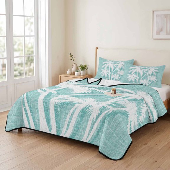Queen Quilt Bedding Set, Mint Green Palm Tree Lightweight Coverlet Summer Comforter Set Soft Microfiber Bedspread, Summer Trees Tropical Botanical 3 Piece Quilt Set with 2 Pillow Shams