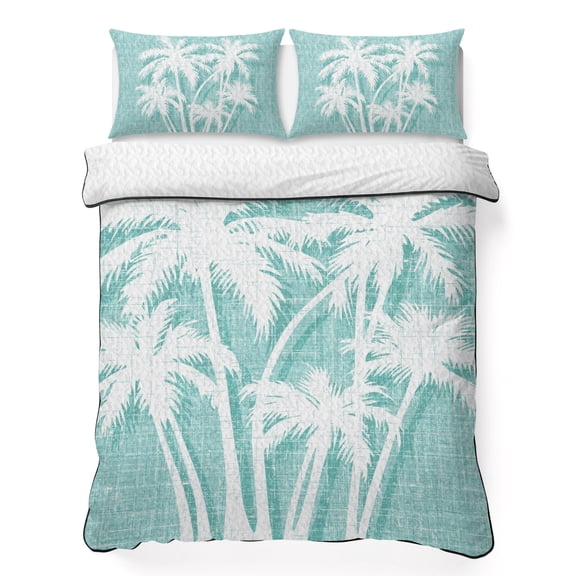 Queen Quilt Bedding Set Mint Green Palm Tree Lightweight Summer Quilted Coverlet for Hot Sleepers, Summer Trees Tropical Botanical Breathable Soft Cooling Blanket with 2 Pillow Shams for All Season