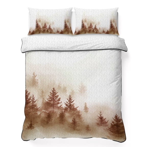 Queen Quilt Bedding Set Misty Forest Retro Brown Tree Summer Quilt Lightweight Quilted Coverlet with 2 Pillow Shams, Minimalist Style 3-Piece Bedspread Quilt Set for All Season