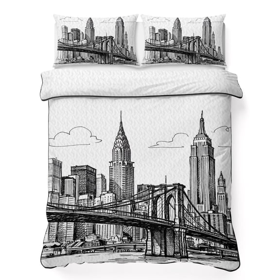 Queen Quilt Bedding Set, Modern Bridge Building Sketch Soft Microfiber Summer Bedspread Coverlet with 2 Pillow Shams, Monochrome Architecture Art Breathable Bedding Set for Hot Sleepers